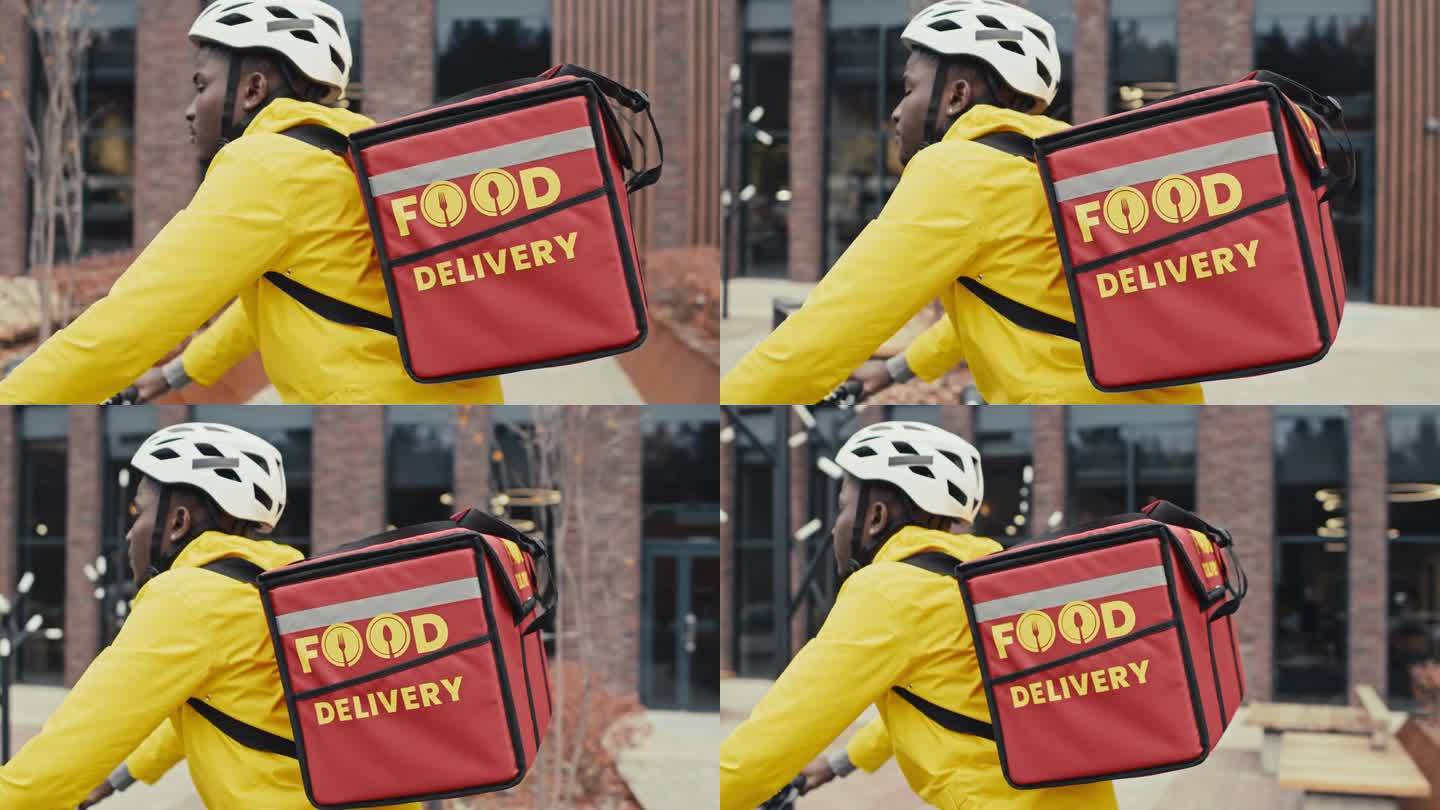 送餐员骑自行车外国送货上门