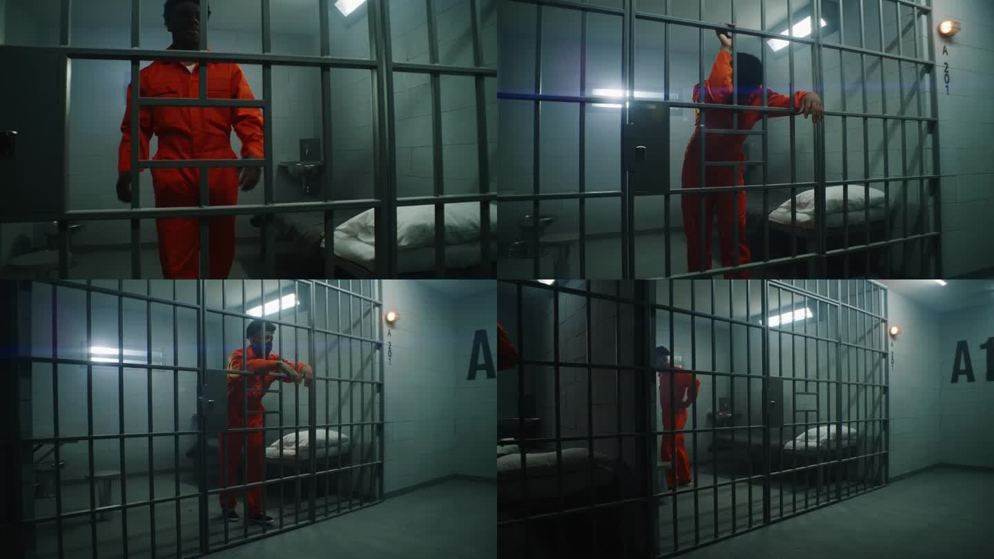 身穿橙色制服的囚犯望着铁栏锁住的窗户