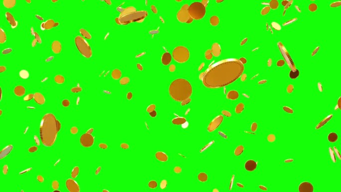 3D动画的金币从顶部流动。金币如雨点般飞来。绿屏视频。