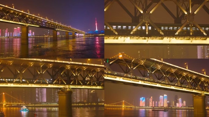 武汉长江大桥夜景火车行驶