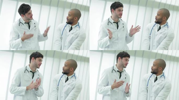 两位身穿医服的年轻医生正在激烈地辩论
