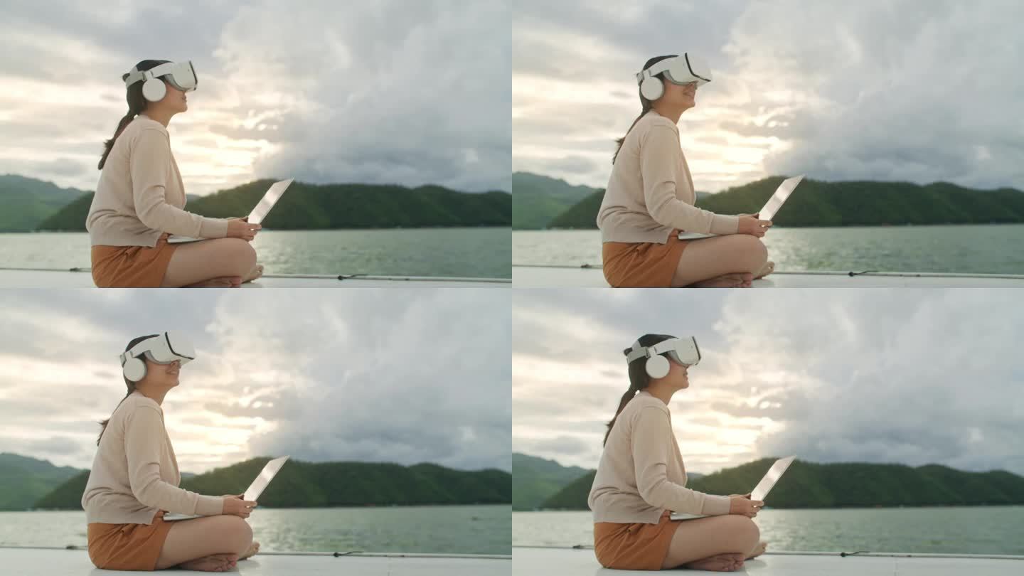 女子在旅行中使用虚拟现实耳机