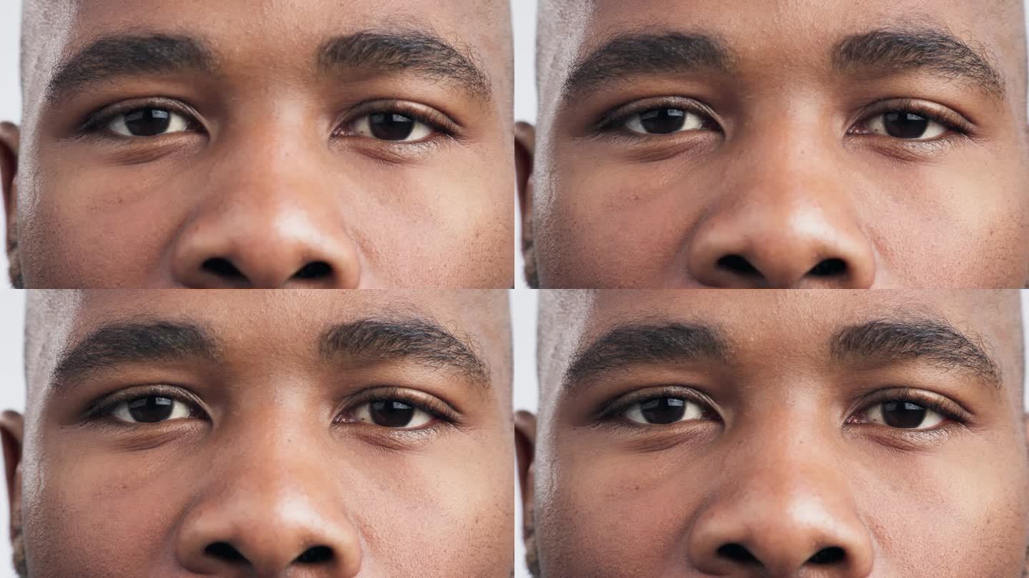 眼睛，变焦和虹膜的肖像黑人男子在工作室视力，保健，验光或视网膜。人体，隐形眼镜和白色背景的人体特写检