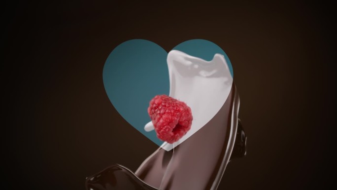 巧克力树莓和牛奶心形分割屏幕溅落在慢动作