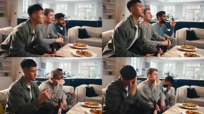 一群失望的男性朋友在家一起看体育节目，吃着披萨