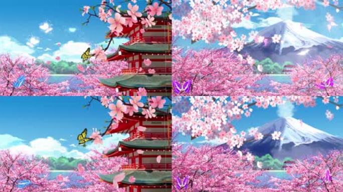 富士山下樱花飘落 蓝天白云 花瓣飘落