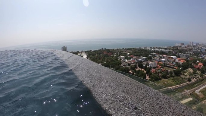 夏季室外游泳池的水波面，有城市景观和天空中的云