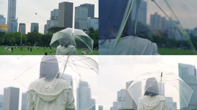阴天情绪风少女举着透明雨伞