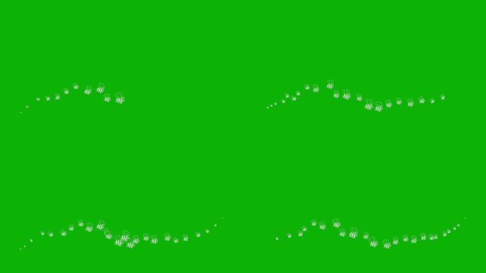 动画有趣的银色飞行蜜蜂符号。一波昆虫。蜜蜂的图标从左到右飞。毛圈的视频。平面矢量插图隔离在绿色背景上