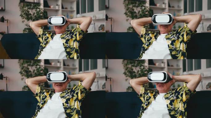 老年人戴上VR头显享受休闲时光，老年人生活方式，放松身心