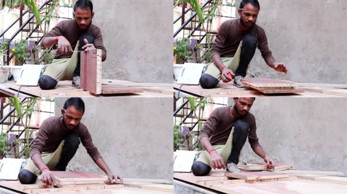 木匠测量木材并在木板上做记号
