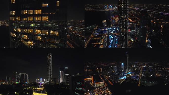 4K航拍夜景国际金融中心洲际酒店金鸡湖