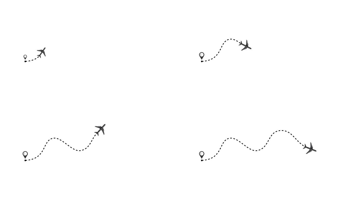 飞机线路路径动画。飞机路线旅行的概念。在白色背景上飞行的飞机。弯曲的道路