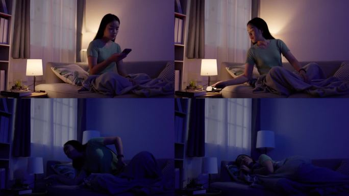 年轻女子用遥控器换频道关掉电视，去睡觉。无聊，睡不着