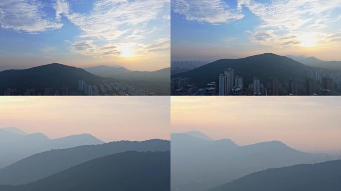 航拍枣庄新城城市雾霾空气污染