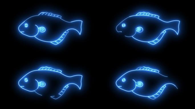 动画鱼标志与发光的霓虹灯线