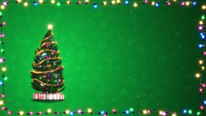 圣诞贺卡与现实的圣诞树和闪烁的光框架在绿色背景