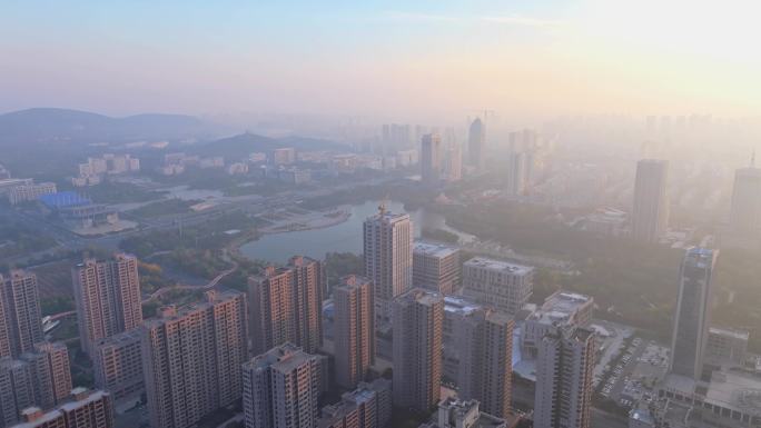 航拍枣庄双子星凤鸣湖周围建筑楼盘