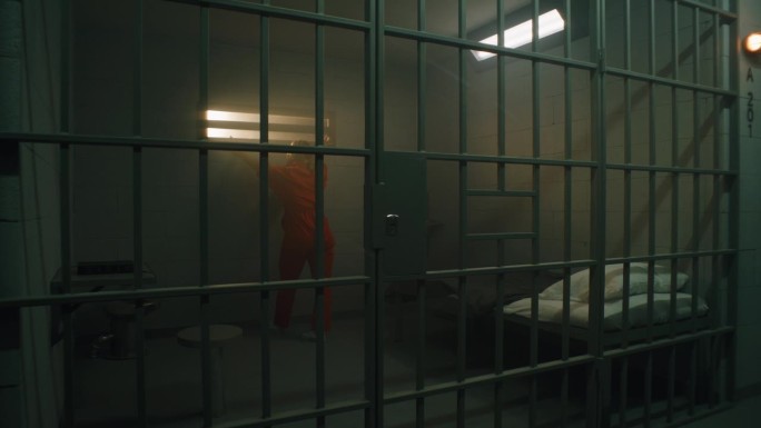 女囚走在牢房里，看着铁窗