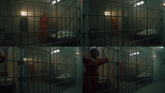 女囚走在牢房里，看着铁窗