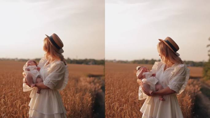 夕阳下，一位年轻的母亲在麦田里散步，拥抱并亲吻她刚出生的小女儿。母亲和孩子在一起。垂直视频