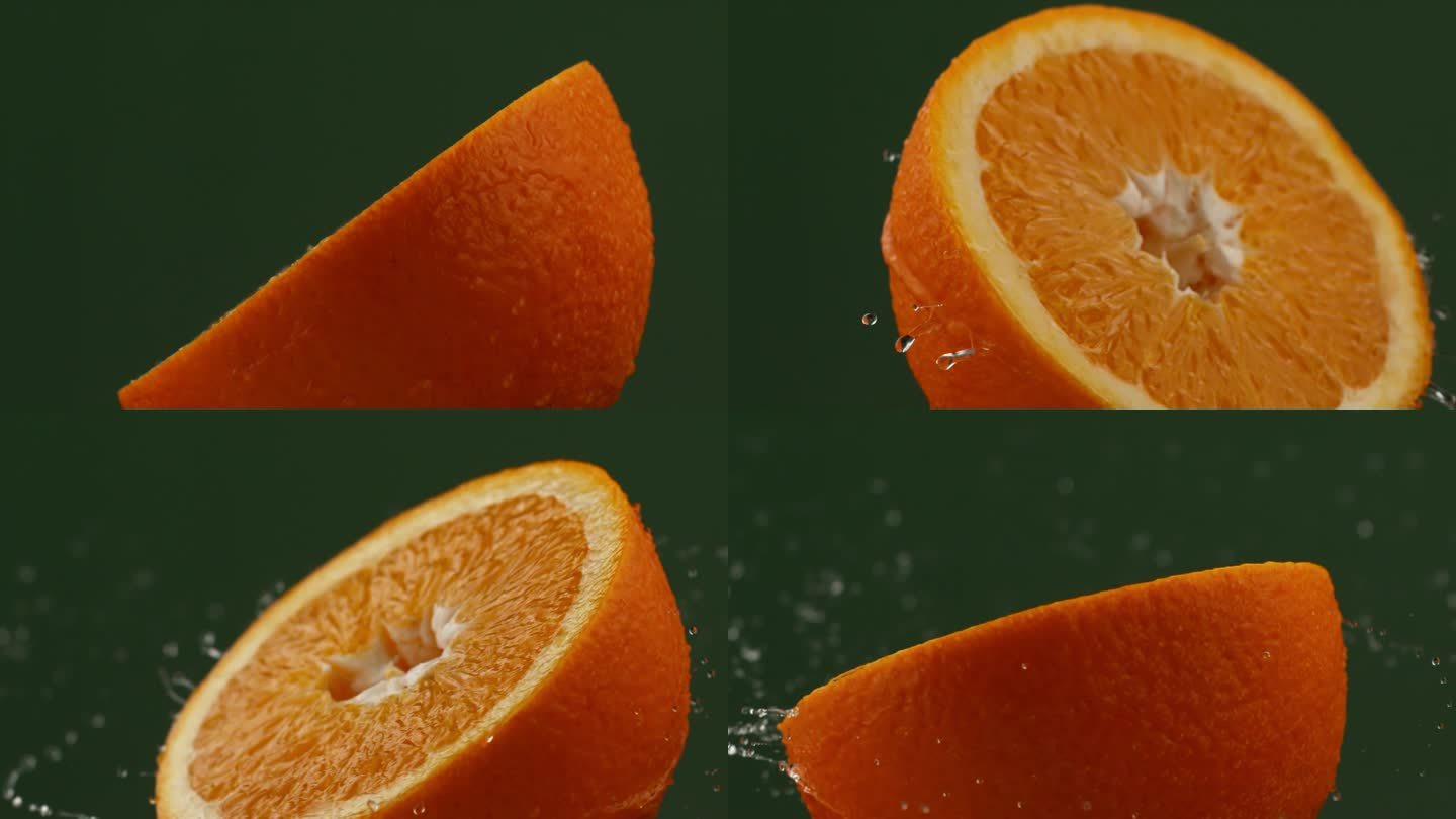 用慢动作旋转一个湿漉漉的橙子。飞溅的水滴