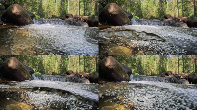 相机缓缓跳入高山河流中最纯净的充满气泡的水中。半水下慢动作拍摄的河流在绿色的森林和山脉。石头之间有小