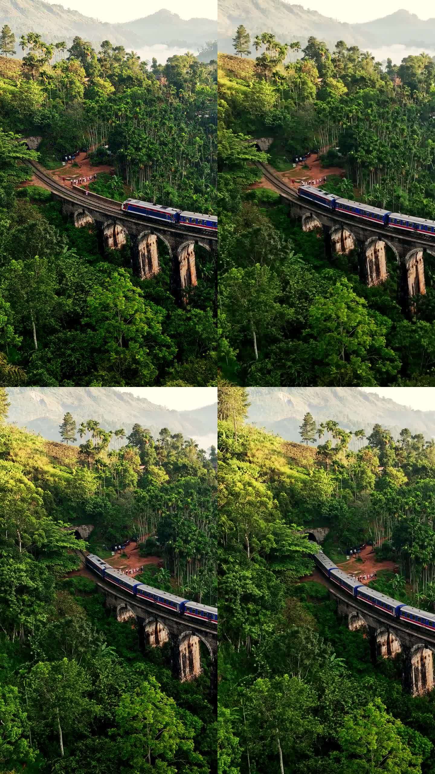 在斯里兰卡埃拉的Demodara，火车在九拱桥上的鸟瞰图