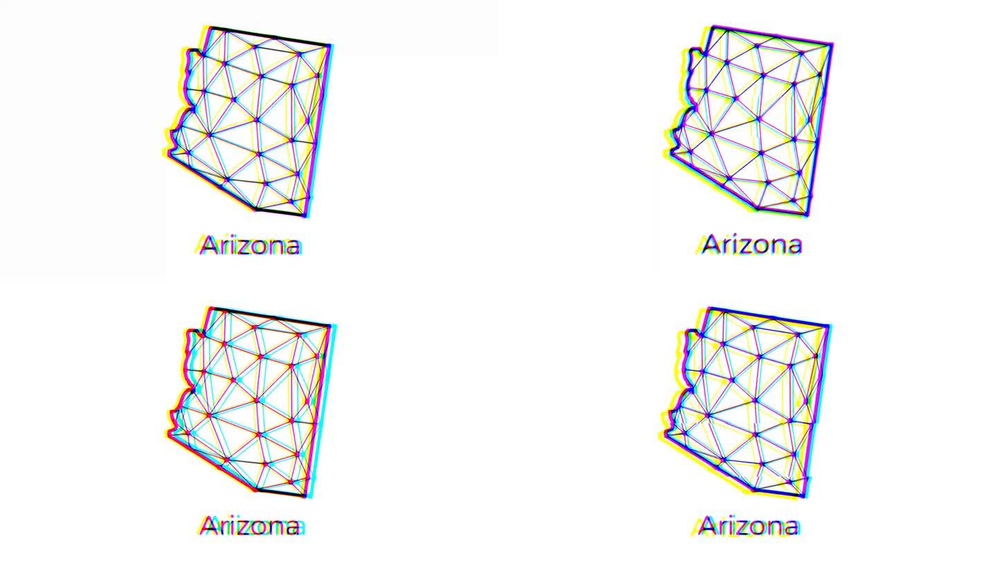 亚利桑那州地图动画在多边形风格与故障效果，4k分辨率视频，美国州运动图形
