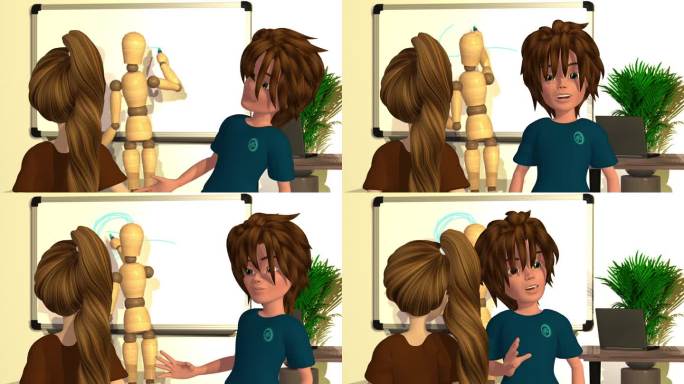 3d动画，两个卡通人物在教室里说话，一个木偶在白板上画画