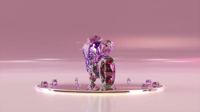广告的概念。一辆钻石摩托车在闪亮的圆形平台上旋转。紫粉色霓虹色。三维动画