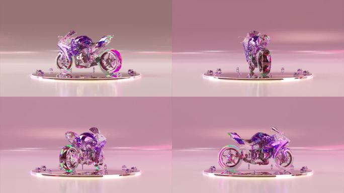 广告的概念。一辆钻石摩托车在闪亮的圆形平台上旋转。紫粉色霓虹色。三维动画