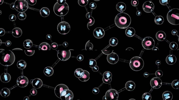 分子化学式H2O。水分子在黑色背景上呈粉红色和蓝色。球棒化学结构模型。概念科学或化妆品行业。动画。