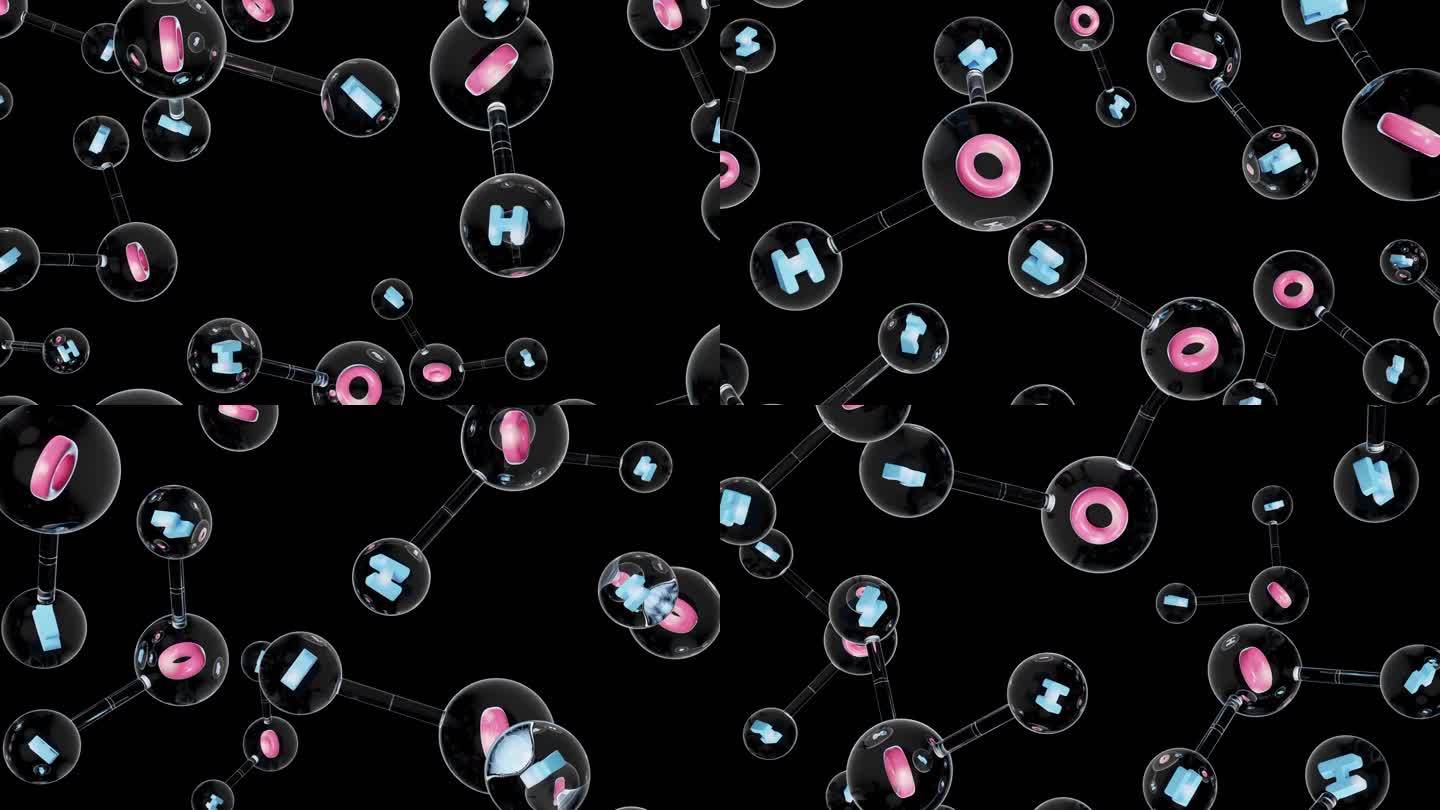 分子化学式H2O。水分子在黑色背景上呈粉红色和蓝色。球棒化学结构模型。概念科学或化妆品行业。动画。