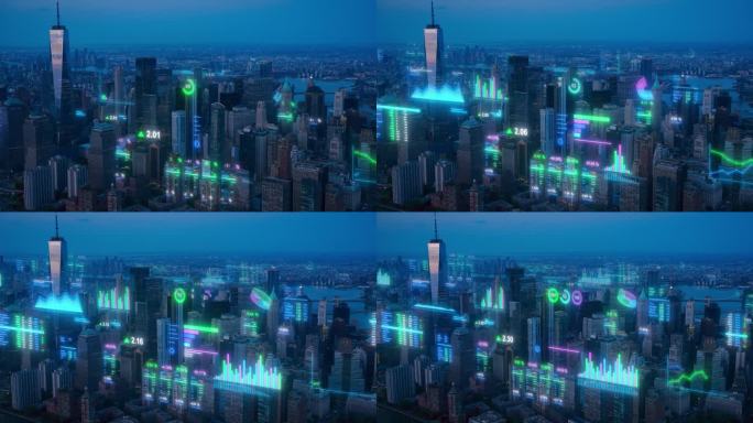 纽约市夜景鸟瞰图与增强现实可视化统计和分析数据，数字全息图在建筑物和摩天大楼与商业和社会信息
