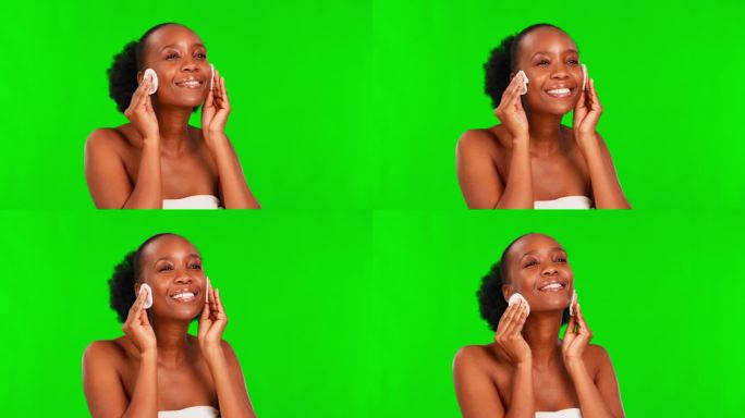 美容，黑人妇女和绿色屏幕与化妆棉皮肤护理，焕发光彩和皮肤病。工作室，非洲女模特微笑和皮肤护理与铬色背