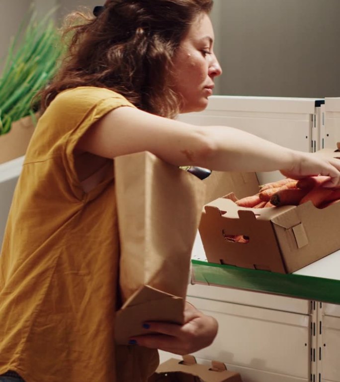 垂直视频在生态超市里用纸袋的女人