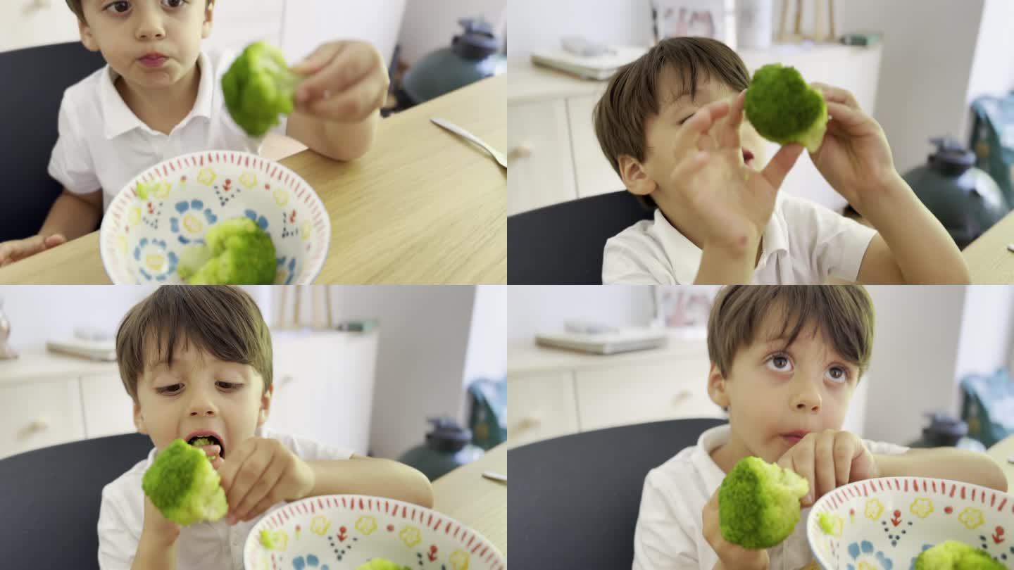 有条理的小男孩小心地从碗里挑选花椰菜，边吃边检查
