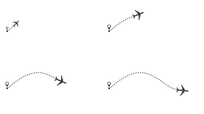 飞机飞行与路径线动画隔离在黑色背景。飞机的虚线路线或航线。从起始位置或点飞行