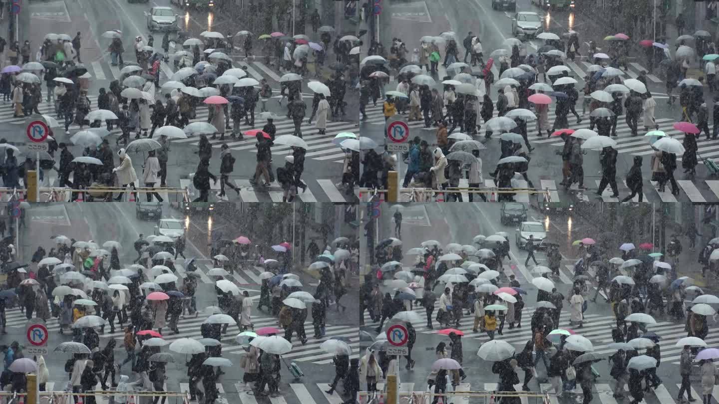 东京，日本:涩谷周围的冬季雪景。慢镜头。