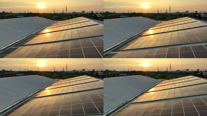 鸟瞰太阳能电池板和日落