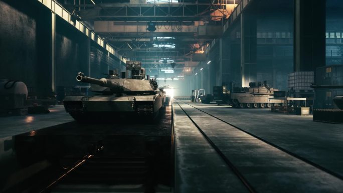 工厂生产军用坦克。军用工厂武器主战坦克。三维动画