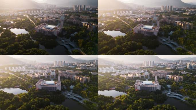 福州大学图书馆日落环绕航拍延时空镜