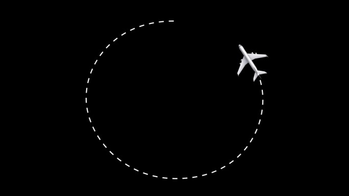 飞机飞行与路径线动画隔离在黑色背景。飞机的虚线路线或航线。从起始位置或点飞行