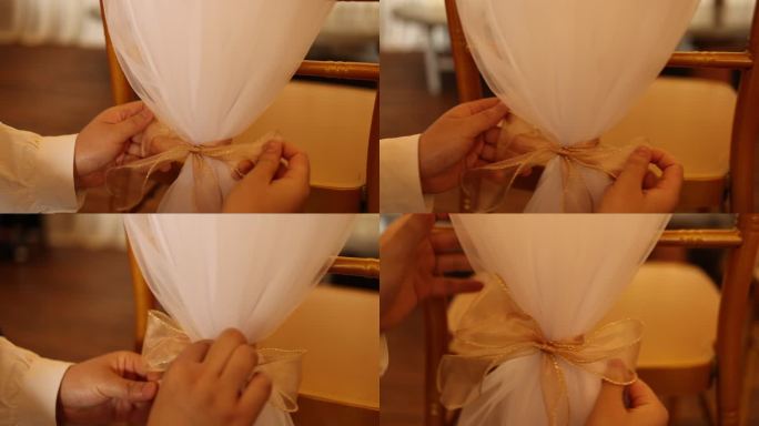 婚礼结婚金色座椅花束椅背纱白色纱幔装饰