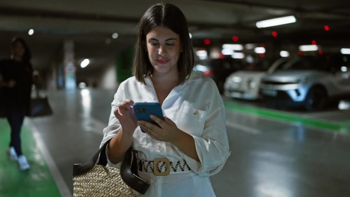 年轻美丽的西班牙女子在停车场用智能手机寻找停车位