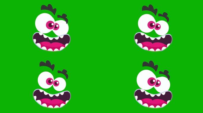 卡通怪物的眼睛和脸绿色屏幕，4K
