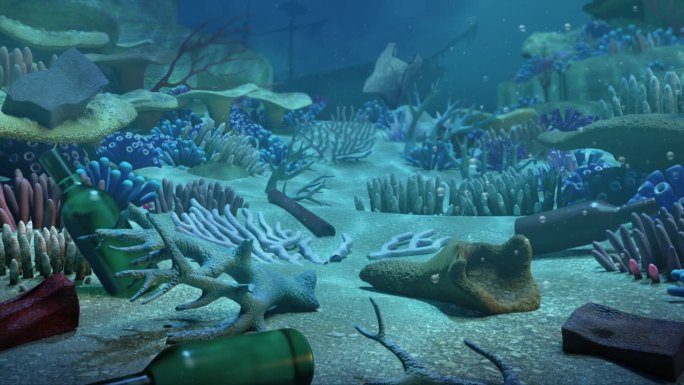 三维动画呈现珊瑚礁被垃圾污染