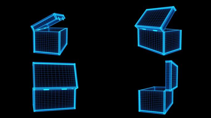 蓝色线框带通道全息长方体箱子动画素材