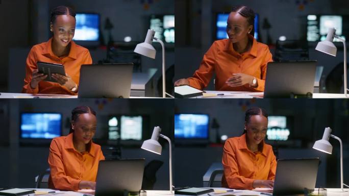 笔记本电脑，平板电脑和一位黑人商务女性在她的办公室里做计划，研究或写作。科技，微笑和黑暗与一个快乐的